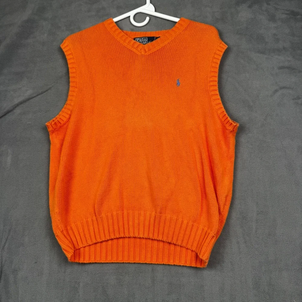 Polo‎ Ralph Lauren Mens Orange Cotton V-Neck Sweater Vest Medium Pony Logo